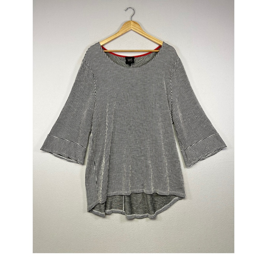 Mod‎ Minimalist W5 Womens 2X Black White Striped Bell Sleeve High Low Tunic Top